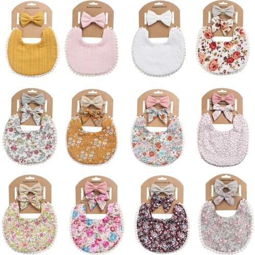 3Pcs Baby Headband Tassel Saliva Towel Flower Print Newborn Infant Double Side Bibs Boys Girls Bandana Burp Cloths Feeding Bibs