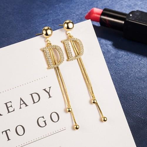 DIWENFU Full Diamond D Letter Tassel Long Earrings 14K Gold Jewelry Aretes De Mujer Party Orecchini Drop Earrings for Women Girl
