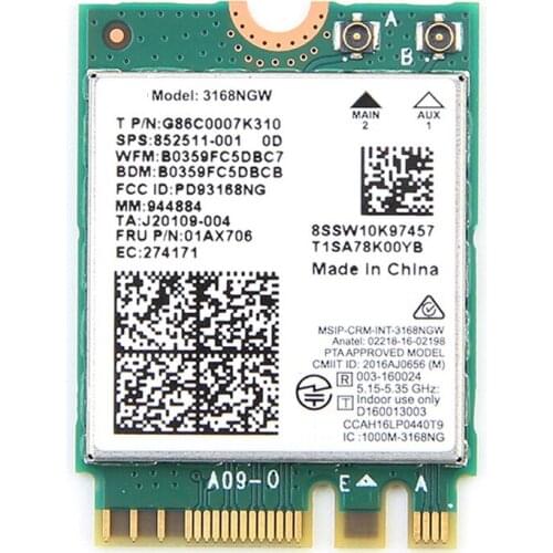 Dual Band Wireless for 3168 3168NGW 433Mbps Bluetooth 4.2 802.11Ac NGFF WiFi Network Card