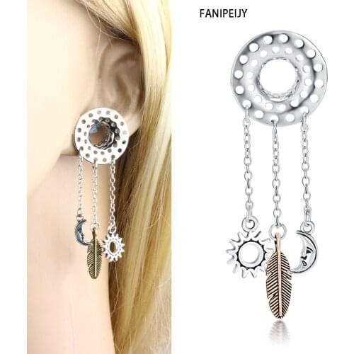 Fanpeijy Dangle Pendant Body Jewelry Ear Gauge Tunnels Stainless Steel Flared Earring Plugs Expanders Piercing Flesh Tunnel 2pcs