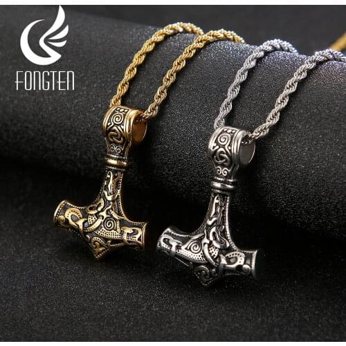 Fongten Viking Amulet Men Thors Hammer Pendant Necklace Stainless Steel Punk Mjolnir Necklaces