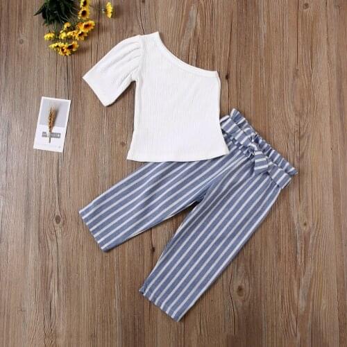 2PCS Toddler Kids Baby Girl Clothes One shoulder T shirt Top Stripe Wide Leg Pants Outfits Summer Clothing 2-7 Years