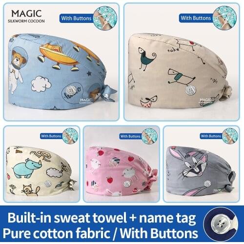 Medical Hats Pet Hospital Veterinary Work Caps Dentist Working Caps Accessories Printed Nurse Scrubs Caps with Buttons Wholesale