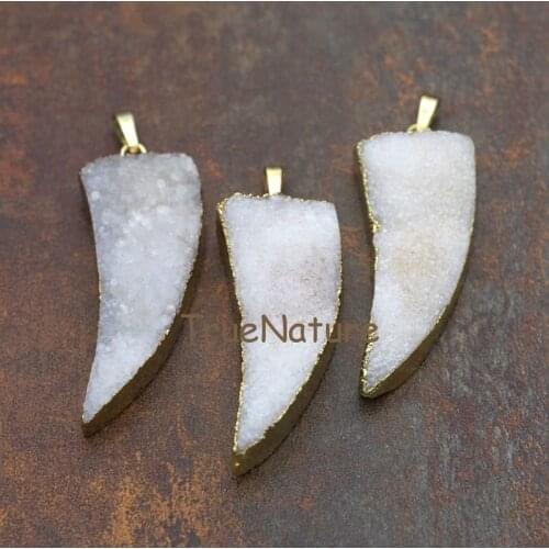 Lovely White Crystal Horn Pendants Gold Finish Druzy Crystal Charms Jewelry Single Necklace Pendant In 20*53 mm PM5841