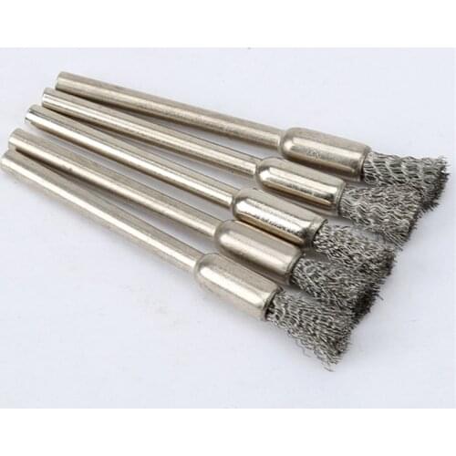 5Pcs/set Pencil Brushes Stainless Steel Mounted Wire Wheel Mandrel Set Dremel Accessory Rotary Tools 3.17mm Shank Mandrel Silver