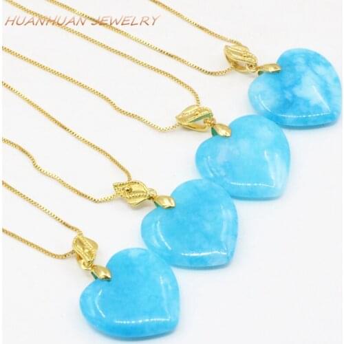 New Fashion Heart Shape Natural Jades Chalcedony Stone Pendant For Women Chain Necklace 25mm Blue Pendants Charms Jewelry B3350
