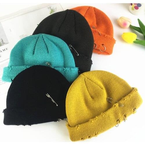 Newest women casual acrylic knitted beanies caps Winter men solid ring pin hip hop skullcap Ripped hats for ski
