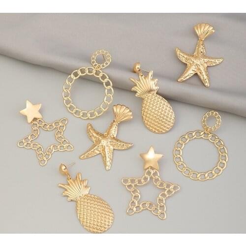 2021 New Trendy Gold Color Metal Geometric Earrings Set Chian Circle Star Pineapple Starfish Earrings Luxury Jewelry for Women