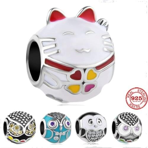 New Silver Colored Diamond Owl Lucky Cat Bachelor Eagle Beads Fit Pandora Original Bracelet Charms Beads For Women DIY Jewelry