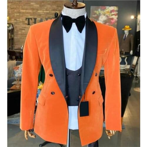 New Orange Men Suits Black Shawl Lapel Costume Homme Slim Fit Wedding Party Men Suits 3 Pcs Groom Prom Blazer Terno Masculino