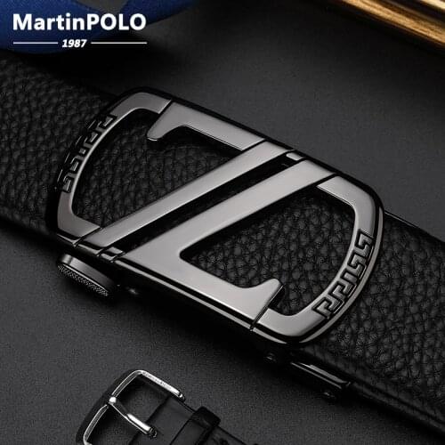 MARTINPOLO Mens Belt Genuine Leather Luxury Brand Alloy Automatic Buckle Man Leather Belts for Men 3.4cm Width Strap MP4401P