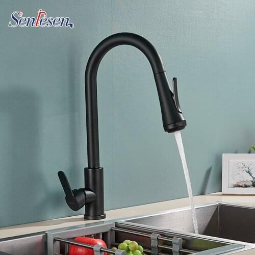 Senlesen Kitchen Sink Faucet Matte Black Pull Out Stainless Stain Four Water Modes Sink Mixer Tap