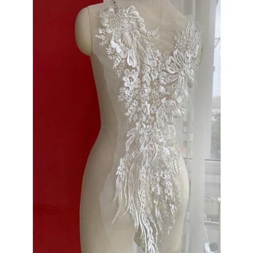 69*32cm high-quality rayon bead flower lace patch for wedding dress front skirt lace embroidery patch