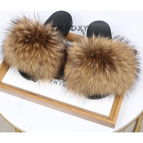 Womens Winter Plush Shoes Kids/Childrens Real Fox Fur Slides Ladies Raccoon Fur Slippers Indoor Furry Flip Flops Girls Sandals