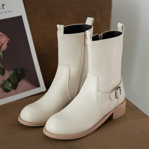 2021 black beige brown Women Boots Shoes Round Toe Low Heel Up Zipper Boots Casual Solid Color Ladies Boots Size 32-43