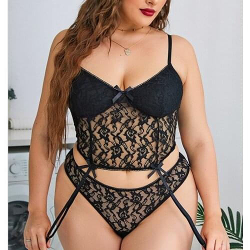 Plus Size Underwear Set Sexy Lingerie Transparent Push up Bra Set Lace 4XL Top Bh Big Breast Mesh Panties Women Brief Thong Set