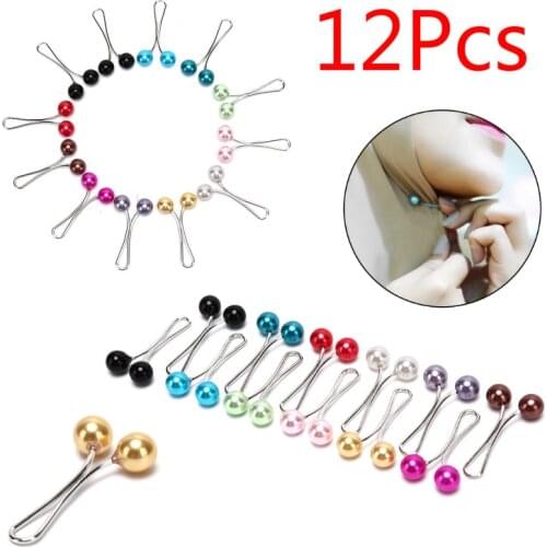 12pcs Headscarf Shawl Scarf Lady Muslim Scarf Hijab Clips Pearl Scarf Brooch Pin