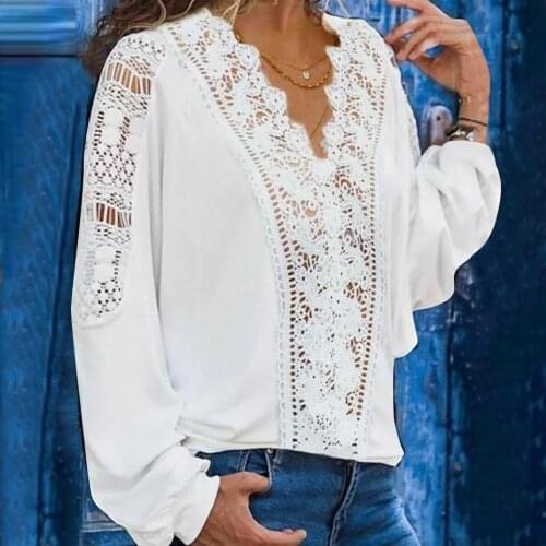 40# Fashion Womens Elegant Blouses Casual Solid Color Lace Hollow Out Patchwork V-neck Long Sleeves Blouse Tops Блузка Женская