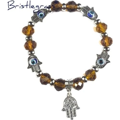 BRISTLEGRASS Turkish Blue Evil Eye Hamsa Hand Glass Beaded Strand Bracelets Amulet Lucky Charm Blessing Protection for Men Women