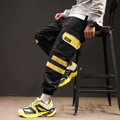 Hip Hop Black Pencil Pants Men Cargo Pants Streetwear Men Pockets Harem Joggers 2021 Spring Fashion Mens Pant Ribbon