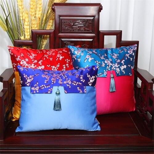 Plum blossom Chinese Style Tassels Cushion Cover Patchwork Blue Rose Red Throw Pillowcase Sofa Bed Decoration Pillow Cover