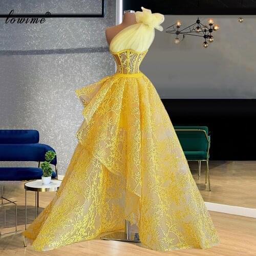 Elegant Yellow Evening Dresses A-Line One Shoulder Sleeveless Evening Gowns Lace Celebrity Dresses For Women Robe Longue Femme