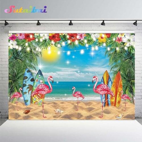 Tropical Summer Island Backdrop Sea Beach Seaside Surfboard Surfing Flamingo Palm Leaf Photography Background Birthday Decor