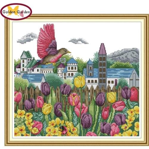 GG Tulips&Bird Flower Cross Stitch Kit 11CT14CT Chinese Embroidery Needlework Set Joy Sunday Cross Stitch Pattern for Home Decor