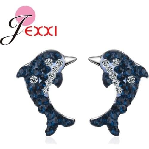 Better Selling Favourites Animal Dolphin Click Clourful Crystal Women Dress Up Stud Earrings 925 Pure Silver Girls