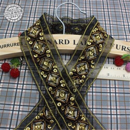 2Yards Hand Made Gold Beading Lace Retro Black Sequin Lace Gauze Ribbon Luxury Mesh Lace Fabric DIY Clothing Accessories