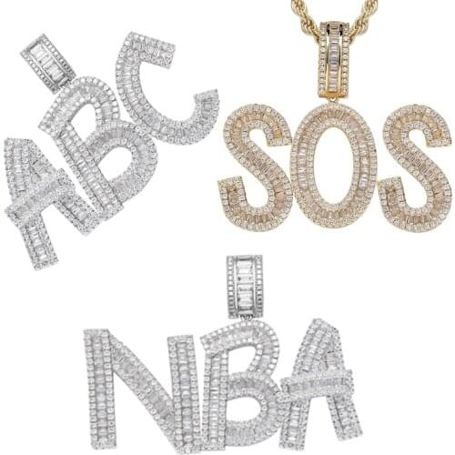 Custom Name Baguette Letters Pendant Gold Color Charm Cubic Zirconia Mens Hip Hop Necklace Chain Rock Jewelry For Rapper