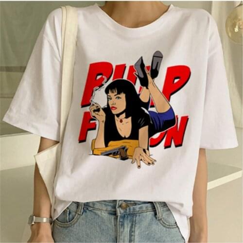 LINNA Summer T-shirt Fashion Virgin Mary T-shirt Pulp Fiction Funny Movie Print T-shirt Lady Mia Harajuku Ulzzang Top