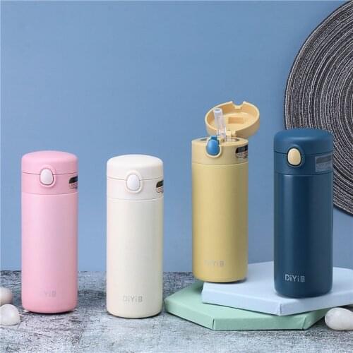 Fashionable and Simple Plastic Vacuum Flask Student Solid Color Portable Straw Cup Stainless Steel Thermos Mug Water Bottle Cups
