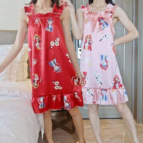 2021 Sexy Lingerie Spaghetti Strap Silk Satin Nightgowns for Women Chinese elements Nightdress Sleepwear Night Dress Home Nighty