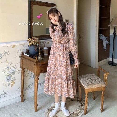 Dress Women Long Sleeve Printed Floral Spring Summer Dresses Mid-calf V-neck Elegant Slim Sweet Exquisite Breathable Students