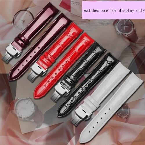 Bright Genuine leather watch band 18mm black white red purple with butterfly buckle strap Arc interface for T035 female bracelet