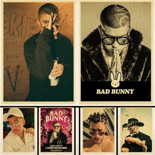 Rapper Bad Bunny retro poster kraft paper material decorative painting decoration living room bedroom bar cafe etc