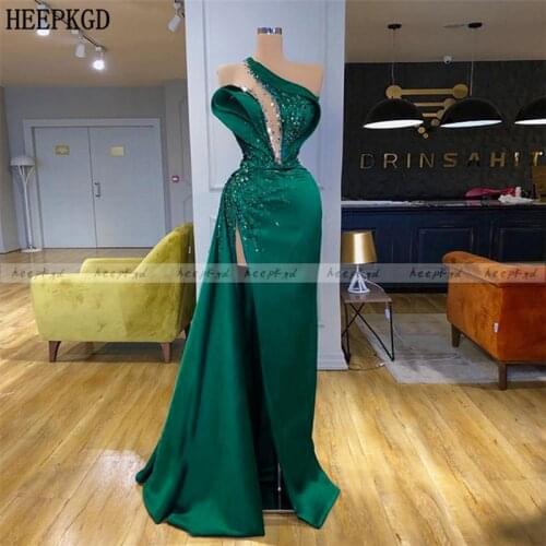 Sexy Long Green Crystals Satin Prom Dresses Off The Shoulder Side Slit Special Occasion Women Dress Plus Size Pageant Gowns