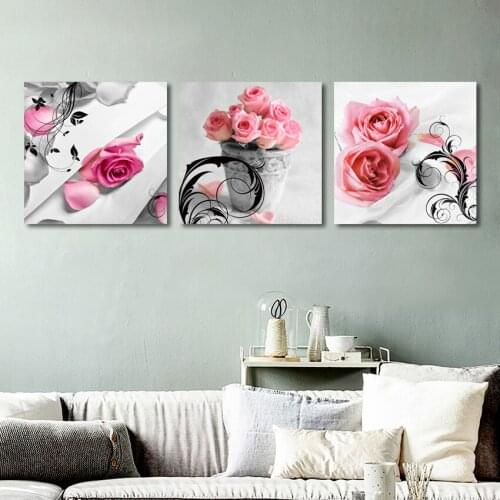 ALMUDENA Unframed 3 Pieces/Set Modern Mural Picture Pink Rose Flower Canvas Art Print Poster Home Decor Bedroom Wall Painting