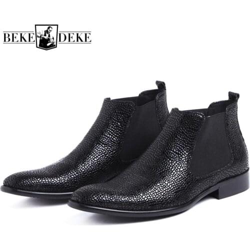 Fashion Snake Men Business Dress Shoes Luxury Genuine Leather Wedding Chelsea Boots Slip On Pointed Toe Prom Party Ankle Boots