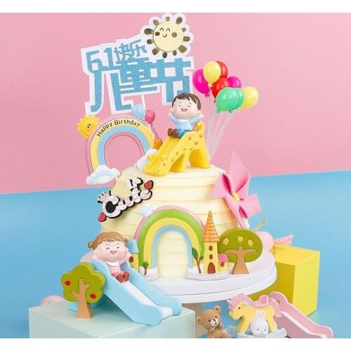 Happy Childrens Day Birthday Cake Topper Airplane Hot Air Balloon Rainbow Bow Hat Baby Birthday Cake Party Baking Decorations