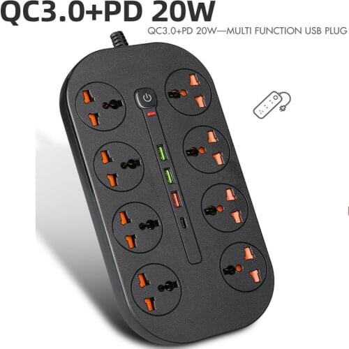 Universal Socket 6 Outlets 4USB Type C PD20W Quick Charge Ports 2 Meter Extension Cord EU/UK Plug Power Strip For Home Office