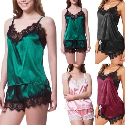 2Pcs/Set Women Sexy Lace Slip Nightdress Lady Lace Imitation Silk V Neck Pajamas Shorts Sleepwear Nightwear Christmas gift paja