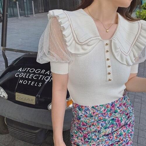 Woman TShirts Womens Patchwork Mesh Doll Collar Knitted T-shirt Summer Short-Sleeved White Top Crop Top Mujer Camisetas