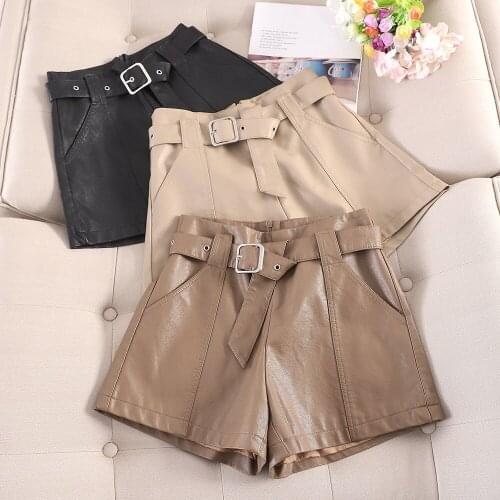 2021 Korean Version of High Waist Wide Leg Loose a Word Pu Soft Leather Autumn and Winter Leather Shorts Female New