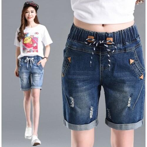 Women 2021 New Summer Elastic Waist Jeans Shorts Femme Loose Hole Curling Shorts Plus Size 6Xl High Waist Denim Shorts