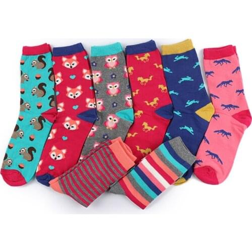 Animal Jacquard Cotton Women Socks Owl Fox Horse Rabbit Squirrel Socks Colorful Fun Chromatic Striped Long Socks for Female