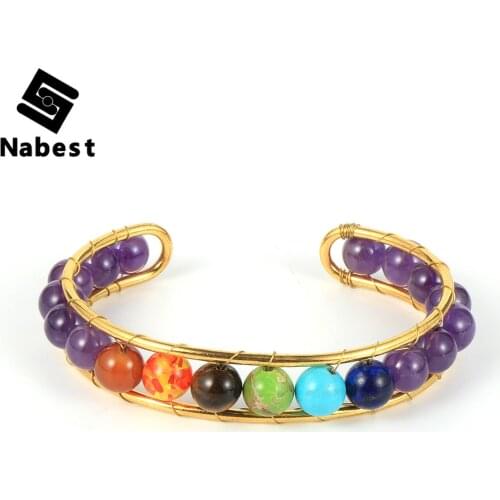 Women Natural Stone 7 Chakras Amethysts Lapis Lazuli Bangle Yoga Healing Reiki Tiger Turquoises Copper Open Bracelet Jewelry