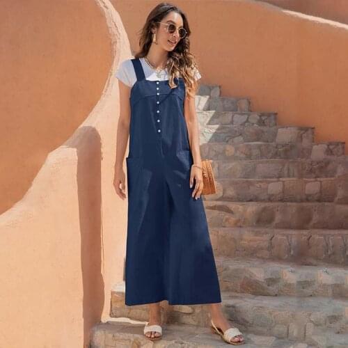 Summer Square Collar Button Decoration Jumpsuit Women Sleeveless Solid One Piece Overalls Office Lady Elegant Casual Rompers