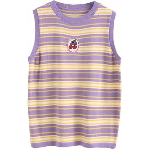 2021 Women Striped Purple Sweater Vest Sweet Cherry O-neck Knitted Sleeveless Sweaters Korean Fashion Jumpers Womens Tops